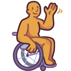 a full body symbol of a wheelchair user waving. Their wheelchair has a compact design and they are self-propelled.